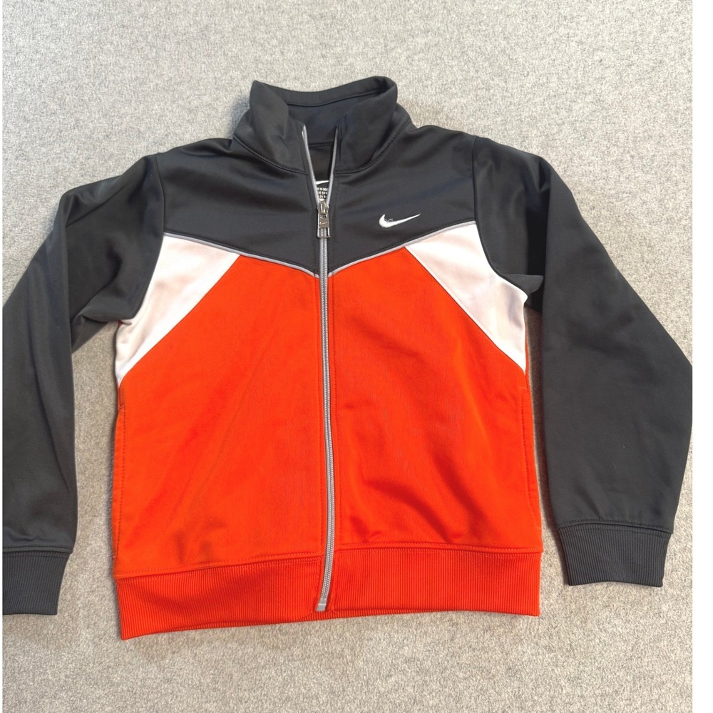 Nike Track Jacket Kids Size 5 Orange Grey White Colorblock Full Zip Swoosh